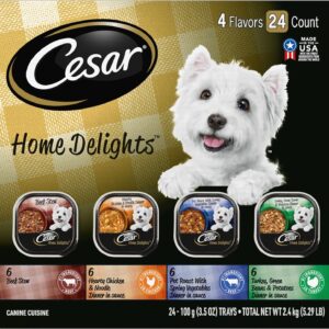 CESAR HOME DELIGHTS Adult Wet Dog Food Pot Roast & Vegetable, Beef Stew, Turkey Potato & Green Bean, and Hearth Chicken & Noodle Variety Pack, 3.5 oz. Easy Peel Trays, Pack of 24