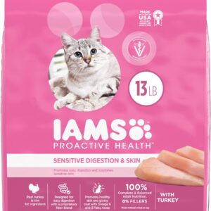 IAMS PROACTIVE HEALTH Adult Sensitive Digestion & Skin, Dry Cat Food with Turkey Cat Kibble, 13 lb. Bag